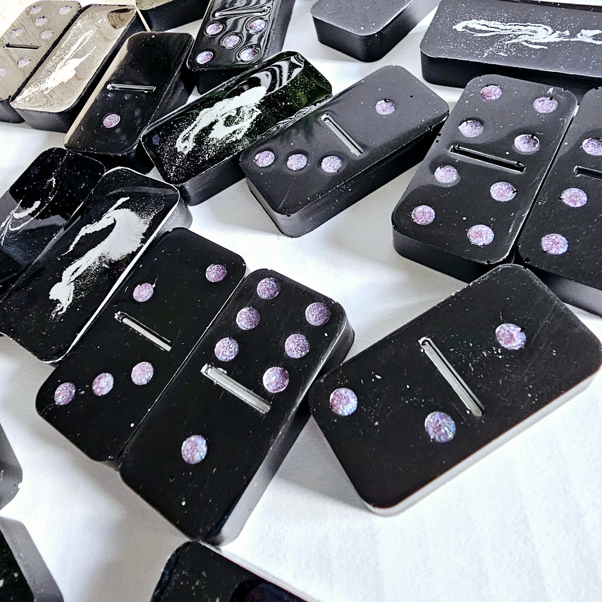 Domino Set - Abstract Black with Purple Holographic Dots