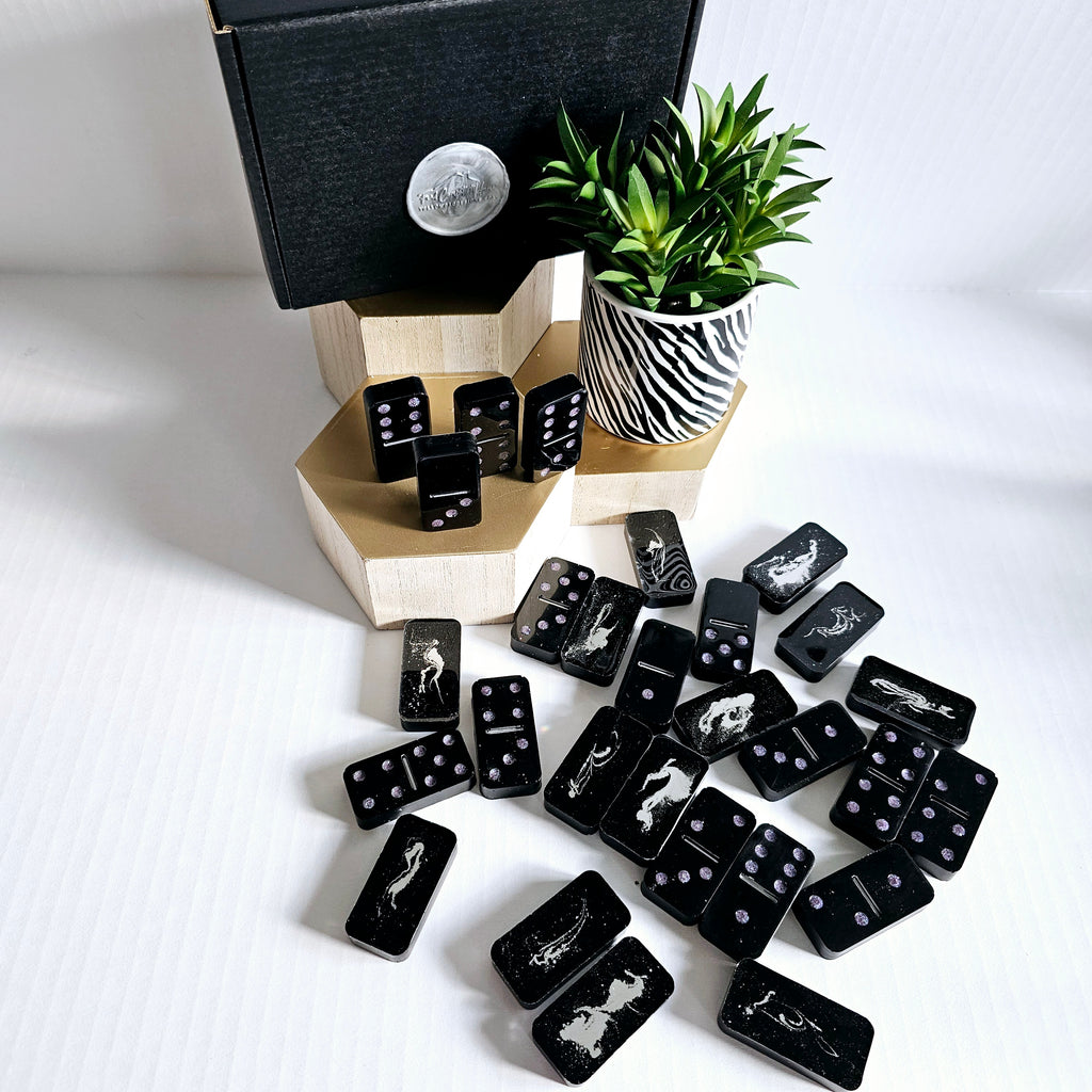 Domino Set - Abstract Black with Purple Holographic Dots