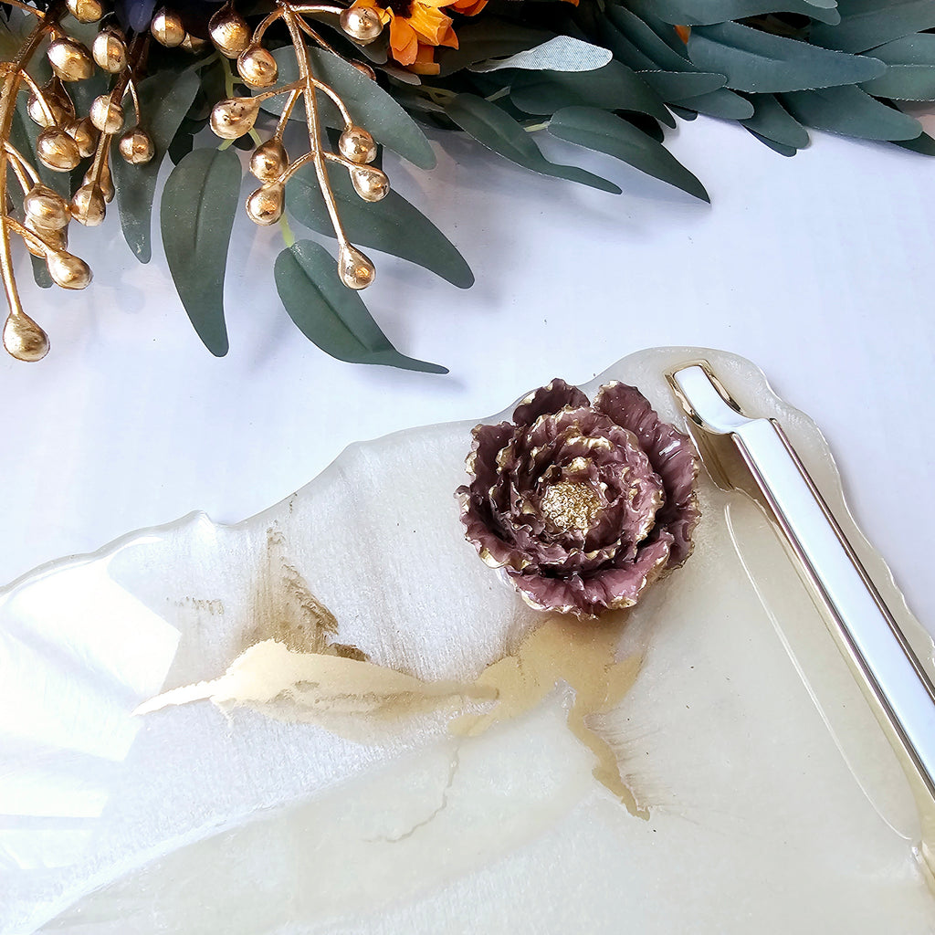 Pearl & Gold Resin Tray - Hummingbird with Peony