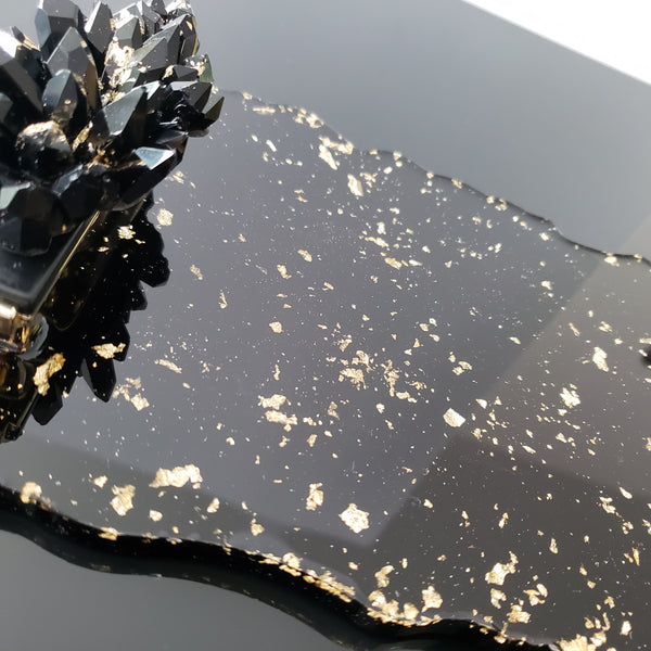 Black & Gold Flakes Resin Tray (Small) - Large Gemstones Handles