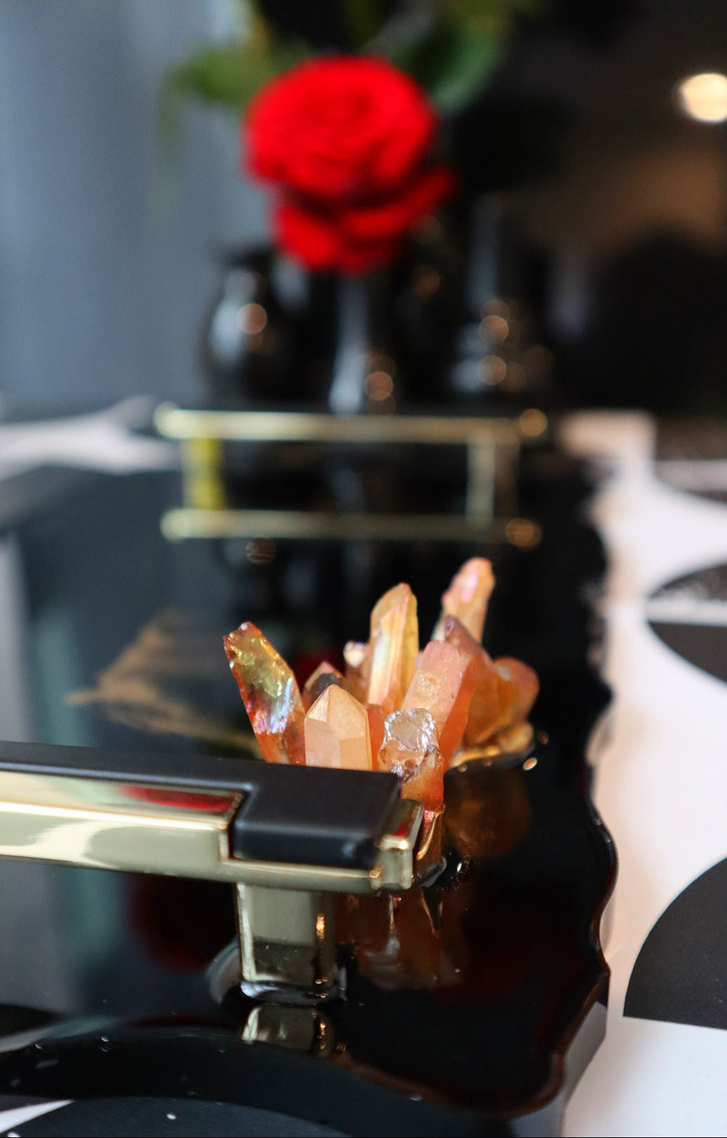 Black Resin Tray with Quartz Crystals- Floating Heart