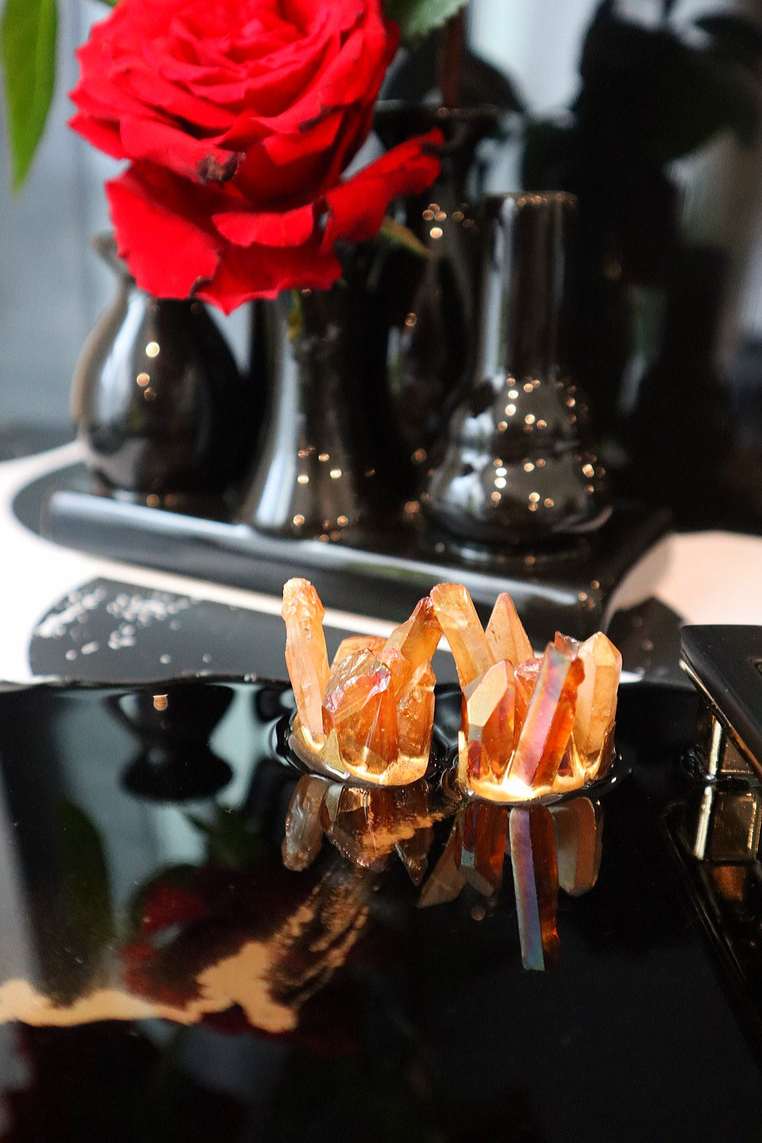 Black Resin Tray with Quartz Crystals- Floating Heart