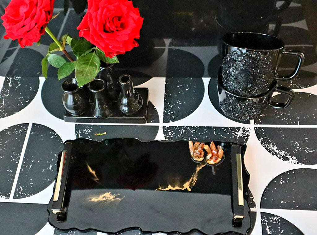 Black Resin Tray with Quartz Crystals- Floating Heart